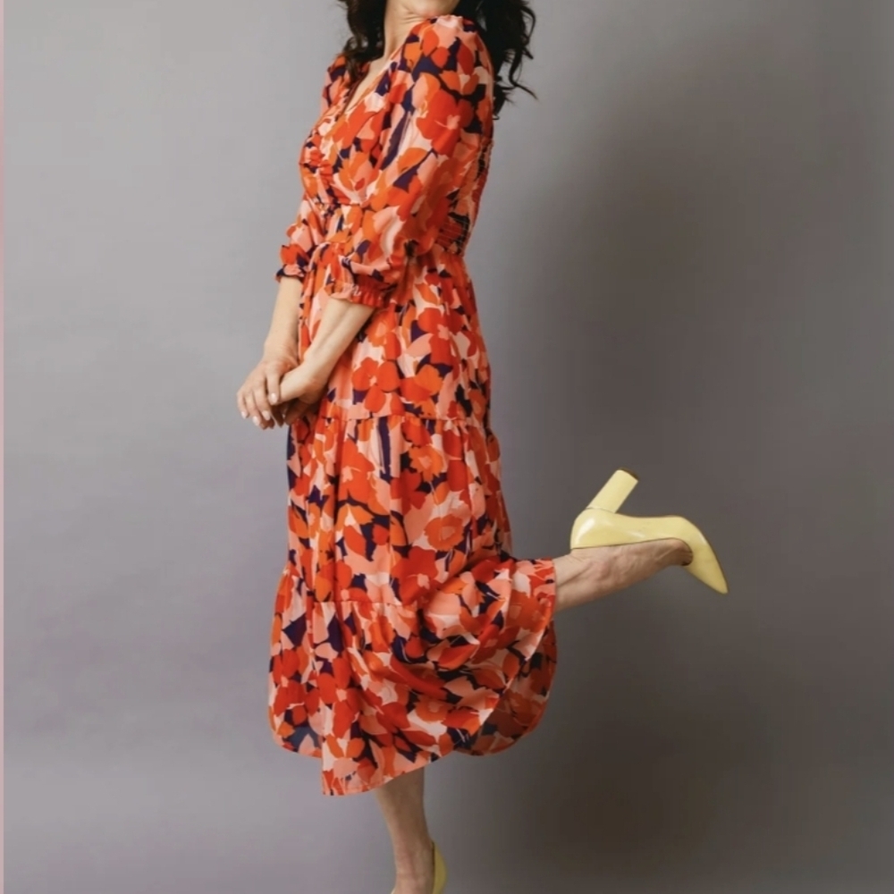Sincerely Jules Red Orange Floral Midi Dress with Navy Accents
